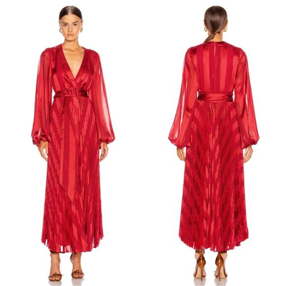 ALEXIS Salomo Long Sleeve V Neckline Belted Pleated Red Stripe Maxi Dress Sz Sw - Picture 1 of 12